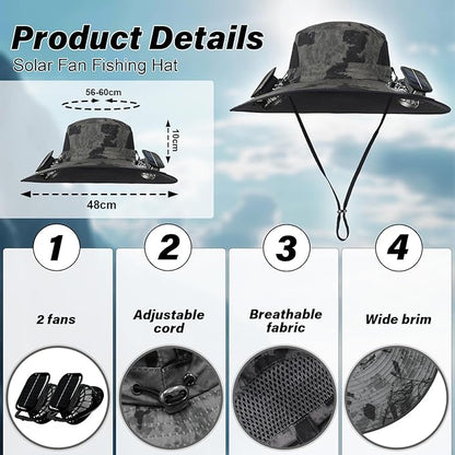 Solar fan fishing hat with product details and features on a blue sky background