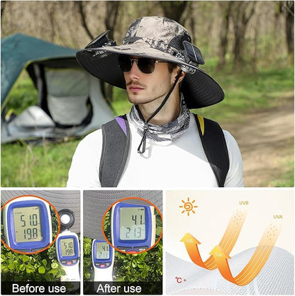 Man wearing ManeVac Solar Power Fan Hat for Outdoor Activities, Fishing Gardening Fan Hat with Fan Solar, Removable Fans Wide Brim Sun Hat