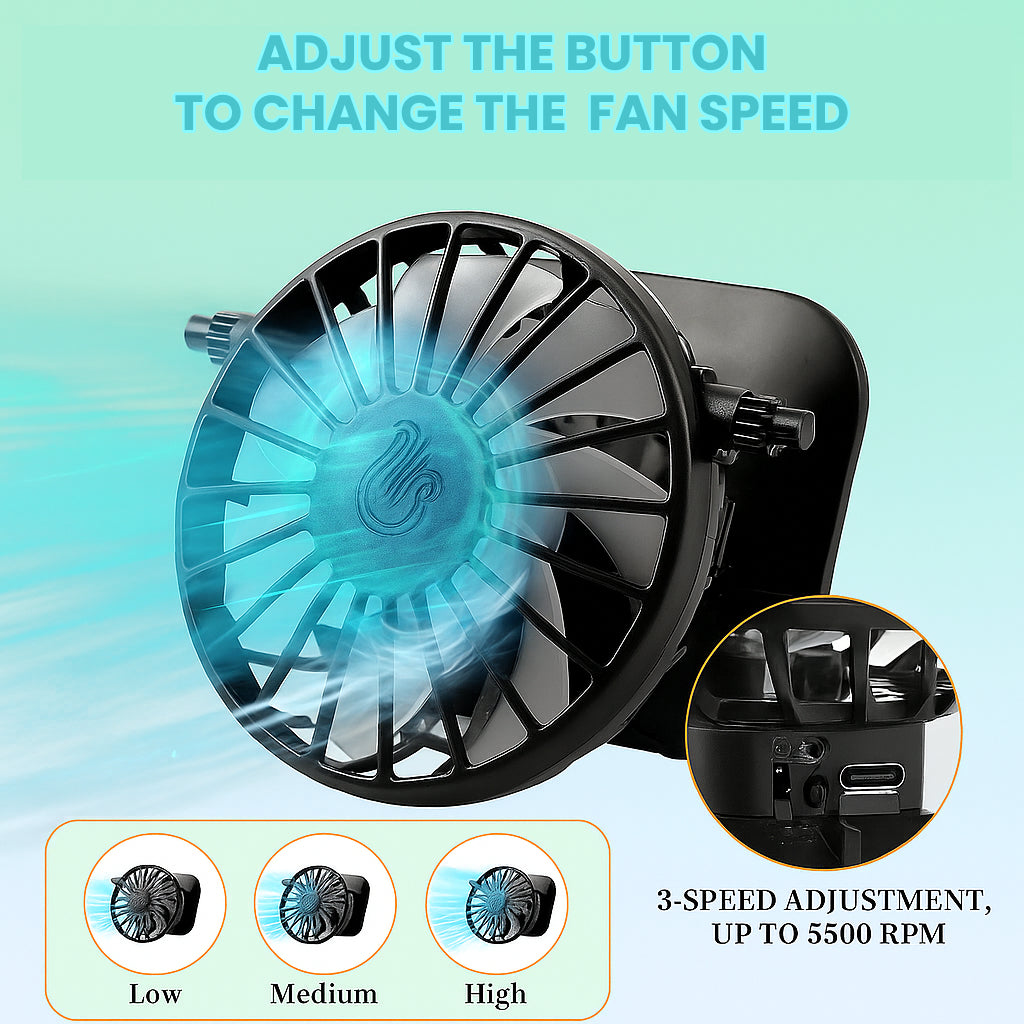 Portable fan with speed adjustment options on a light blue background